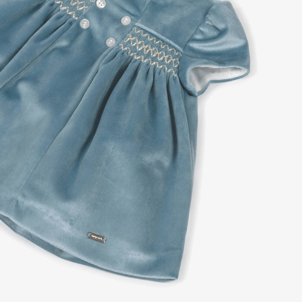 Mayoral Для новорожденных-Baby Girls Pale Blue Smocked Velvet Dress | Childrensalon