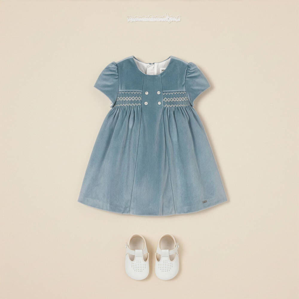 Mayoral Для новорожденных-Baby Girls Pale Blue Smocked Velvet Dress | Childrensalon