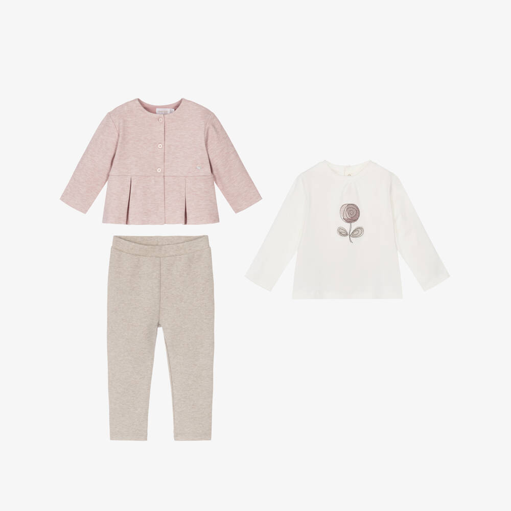 Mayoral Newborn-Baby Girls Pink & Beige Marl Trouser Set | Childrensalon