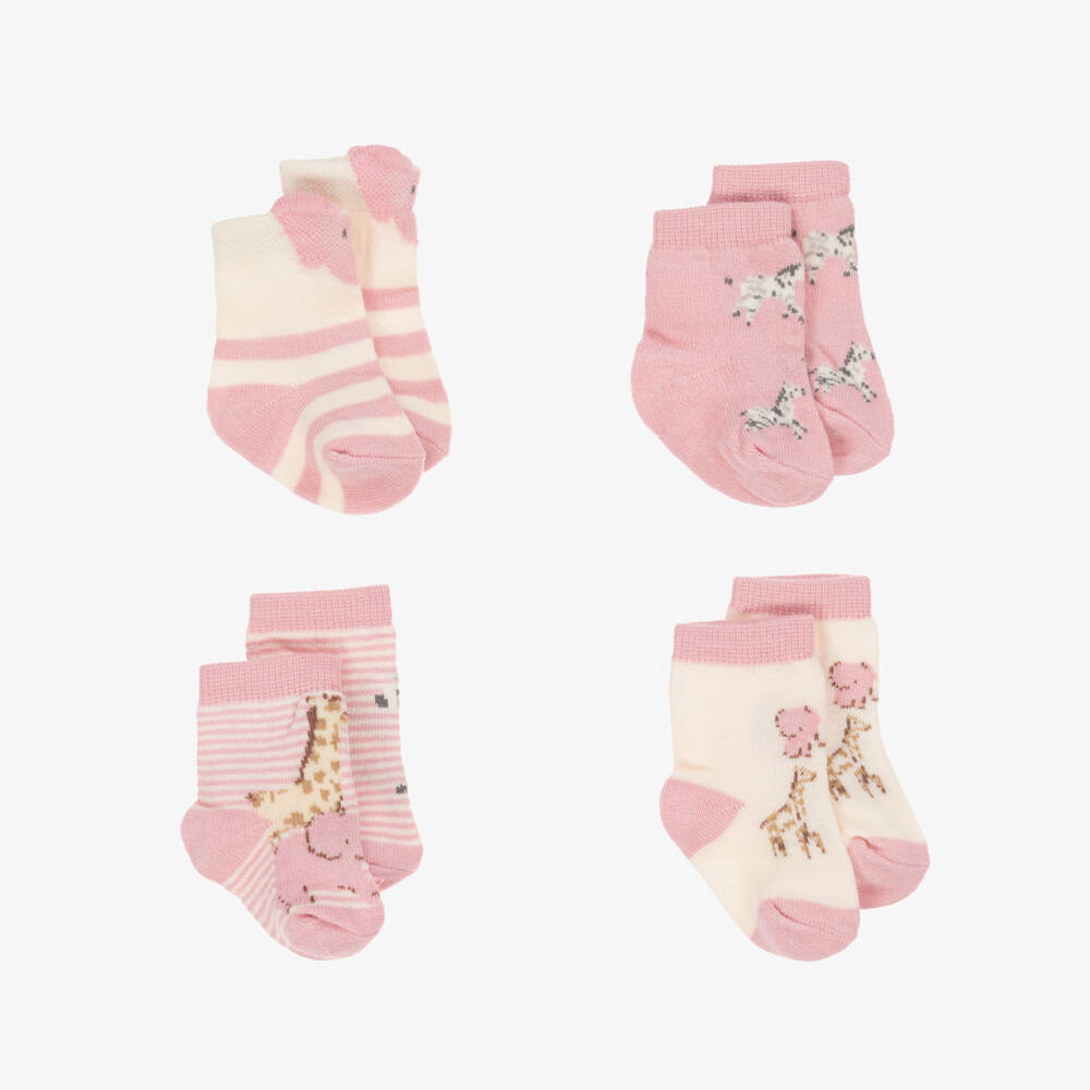 Mayoral Newborn-Baby Girls Pink Cotton Safari Animal Socks (4 Pack) | Childrensalon