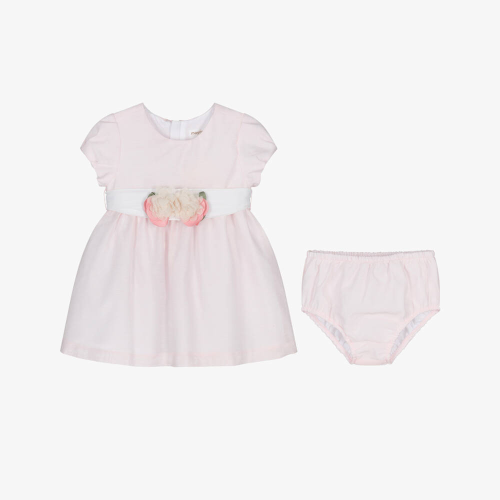 Mayoral Newborn-Baby Girls Pink Dress with Ivory Belt | Childrensalon