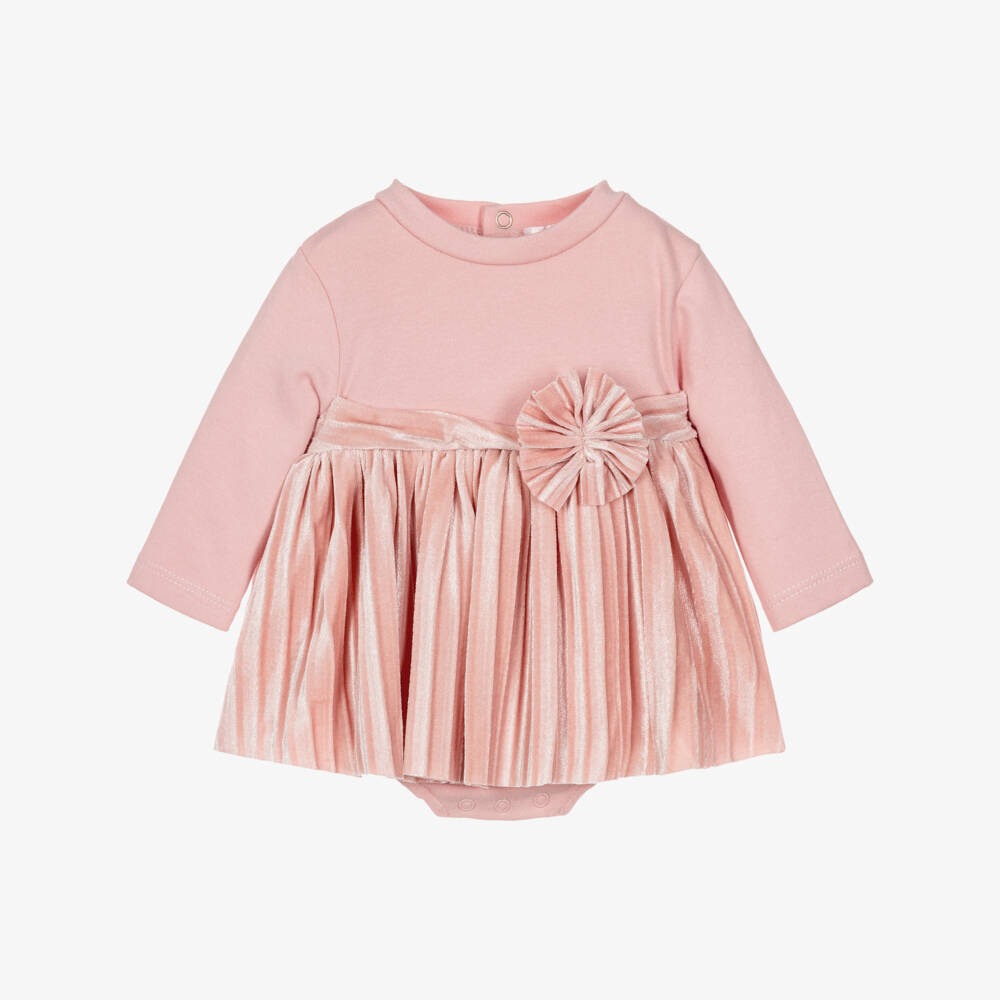 Mayoral Newborn-Baby Girls Pink Dress with Pleated Velour Skirt | Childrensalon
