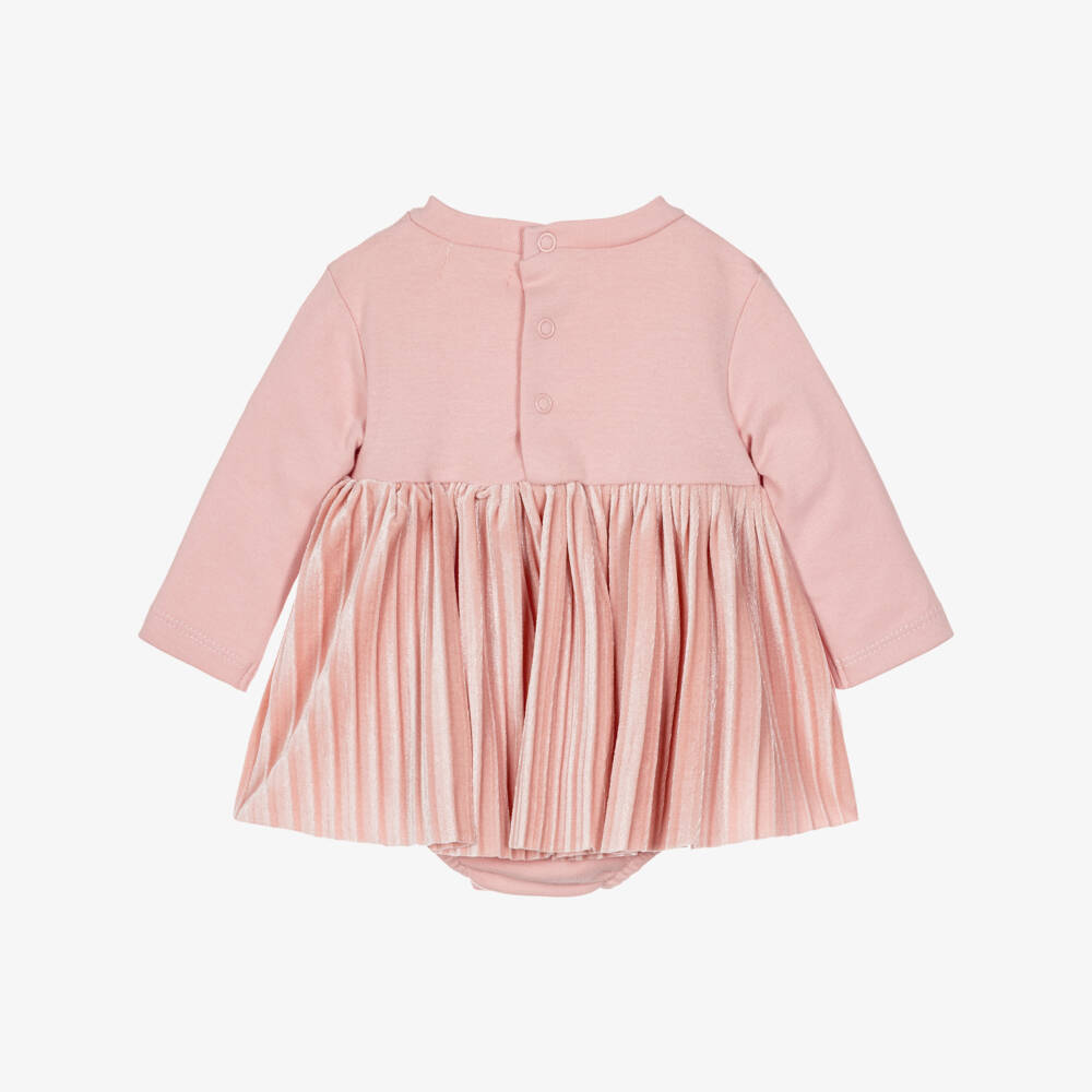 Mayoral Newborn-Baby Girls Pink Dress with Pleated Velour Skirt | Childrensalon