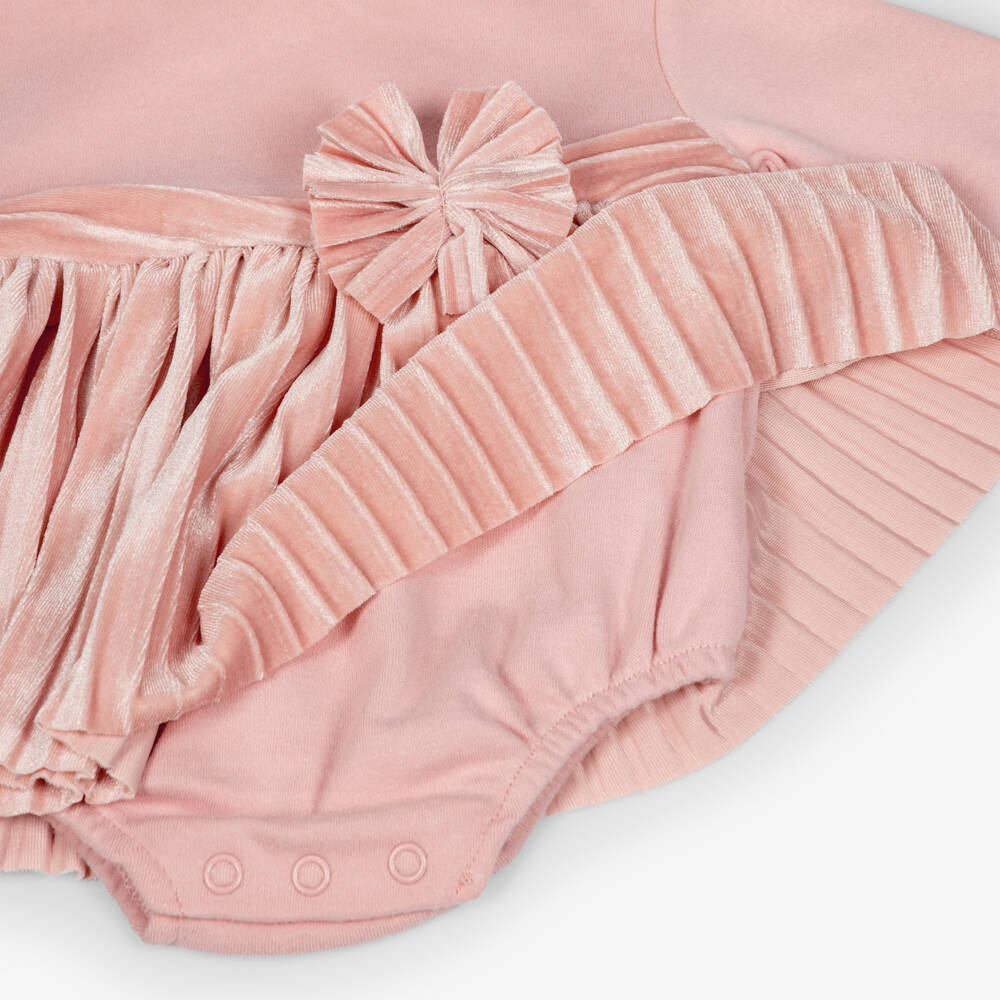 Mayoral Newborn-Baby Girls Pink Dress with Pleated Velour Skirt | Childrensalon