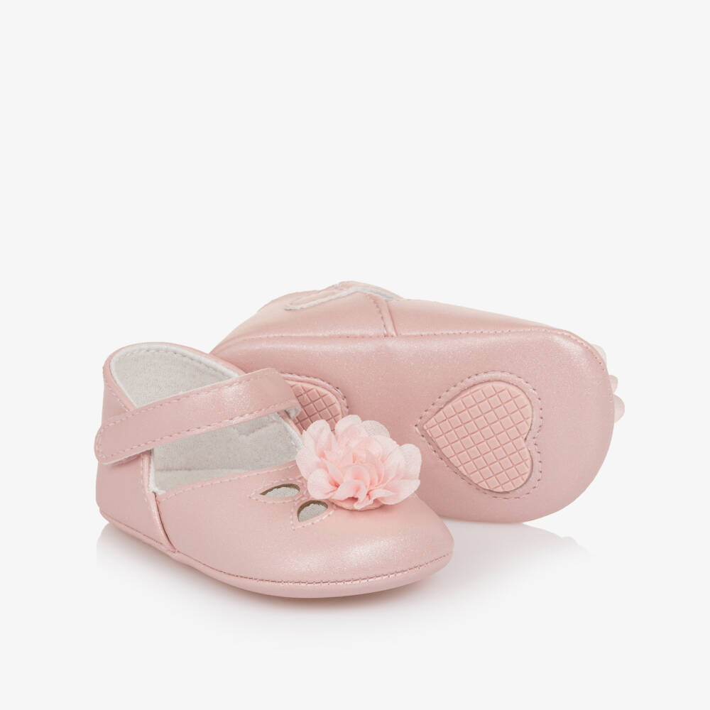 Mayoral Для новорожденных-Baby Girls Pink Faux Leather Flower Pre-Walker Shoes | Childrensalon