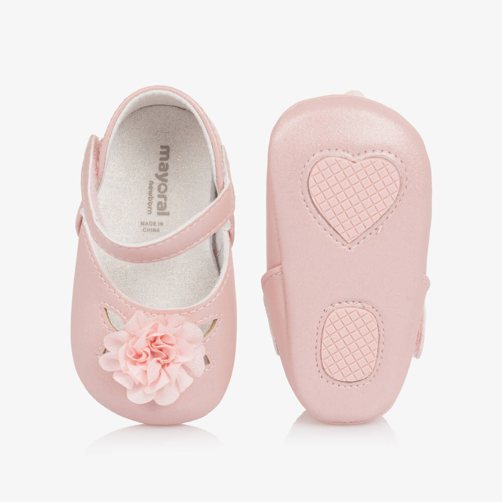 Mayoral Для новорожденных-Baby Girls Pink Faux Leather Flower Pre-Walker Shoes | Childrensalon