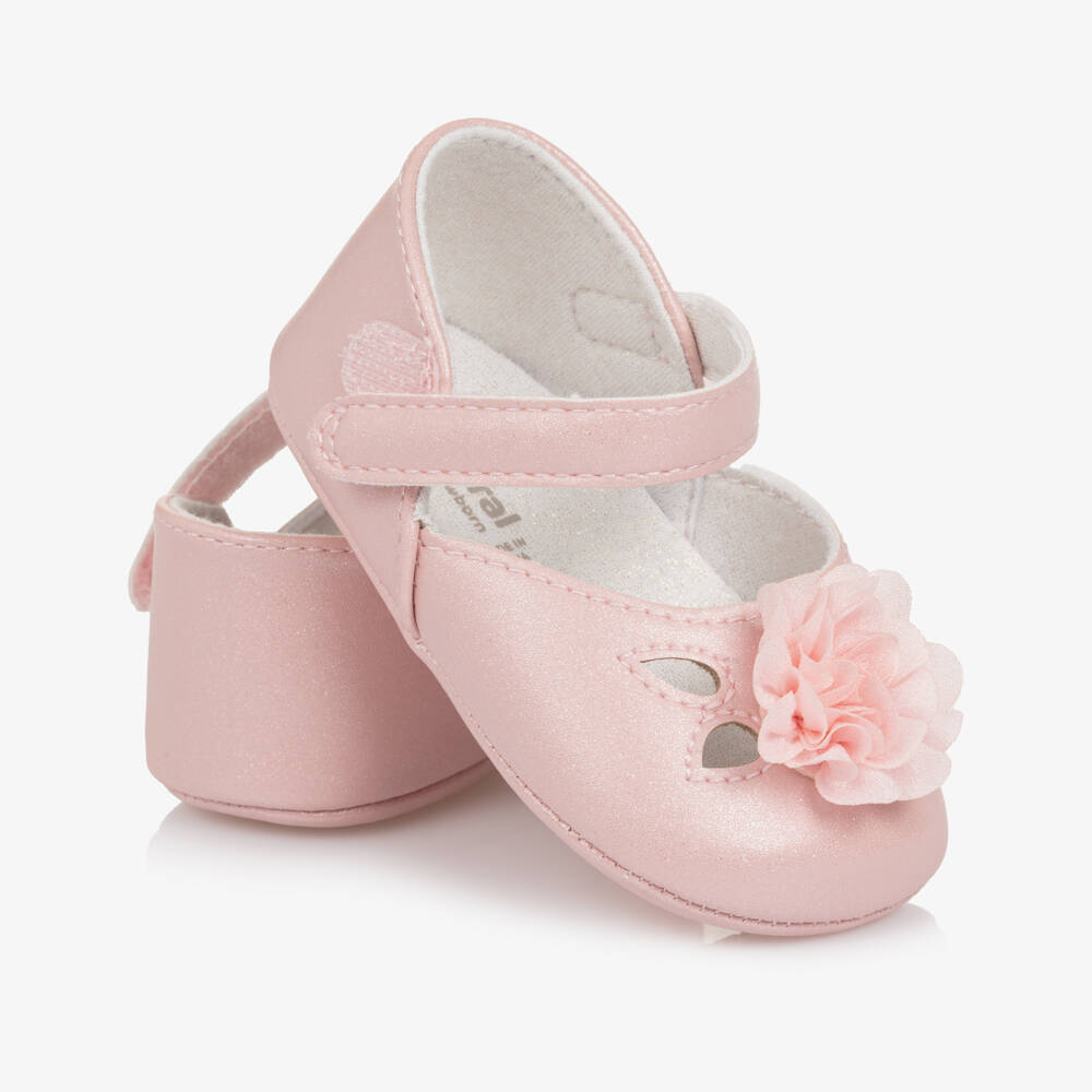 Mayoral Для новорожденных-Baby Girls Pink Faux Leather Flower Pre-Walker Shoes | Childrensalon