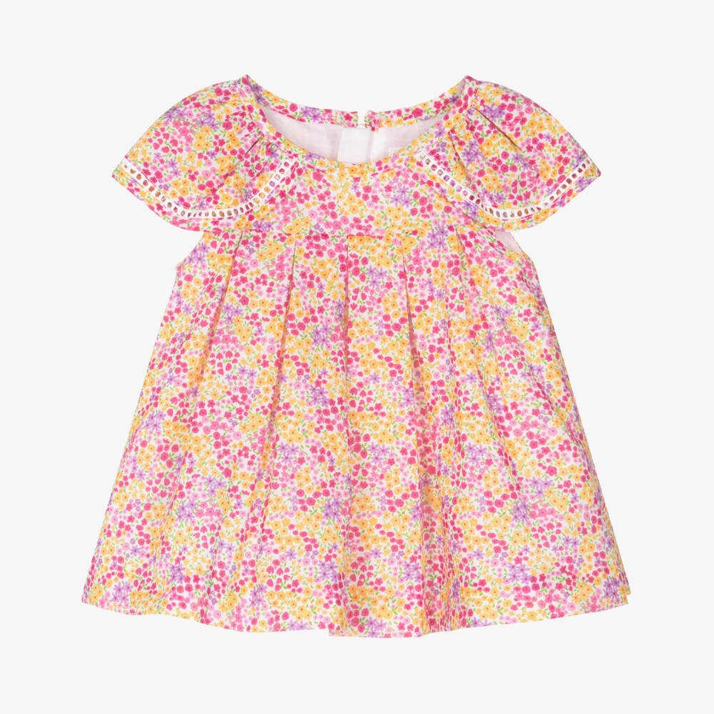 Mayoral Newborn-Baby Girls Pink Floral Dress with Ruffled Shoulders | Childrensalon