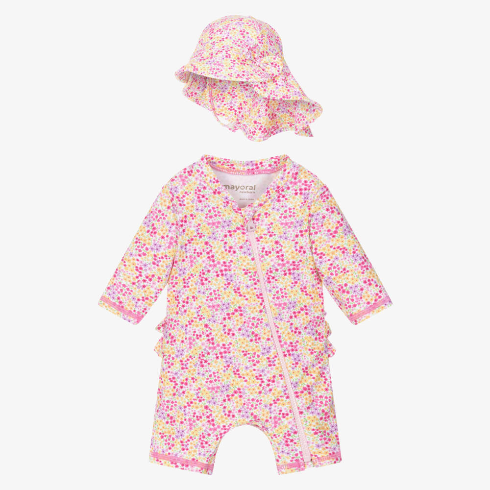 Mayoral Для новорожденных-Baby Girls Pink Floral Sun Suit Set (UPF40+) | Childrensalon