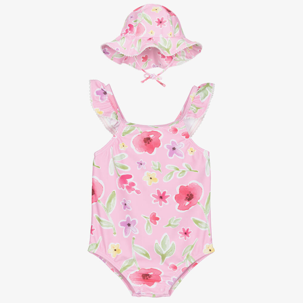 Mayoral Newborn-Baby Girls Pink Floral Swimsuit Set (UPF40+) | Childrensalon