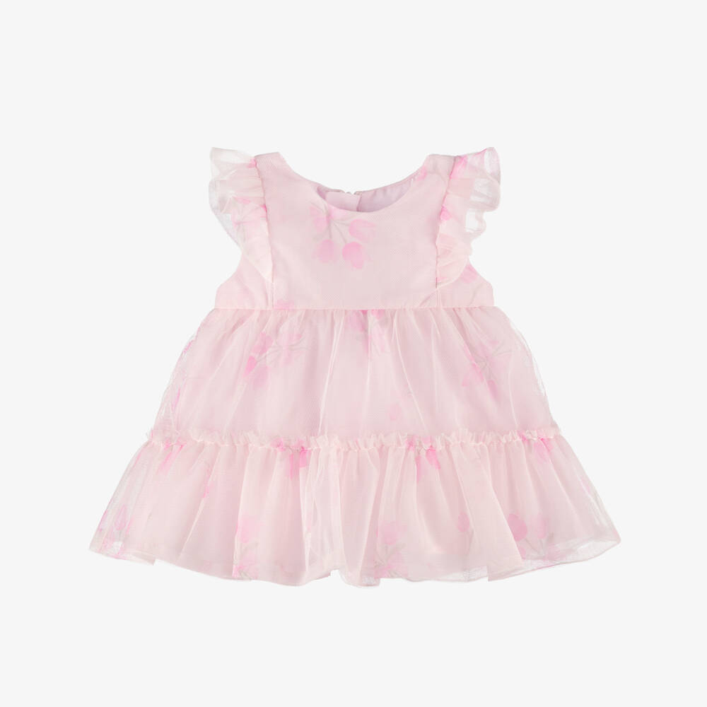 Mayoral Newborn-Baby Girls Pink Floral Tulle Dress with Ruffles | Childrensalon