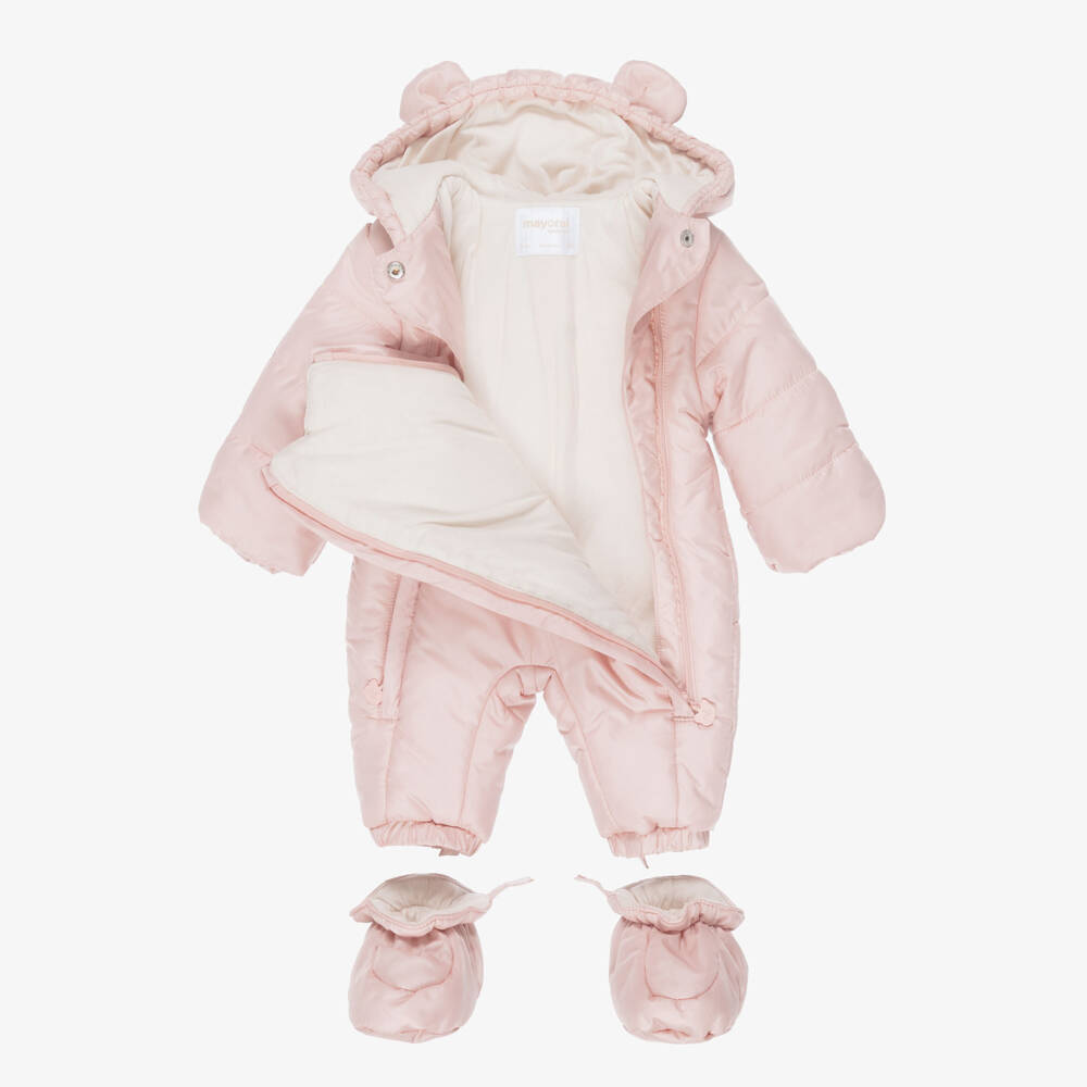 Mayoral Newborn-Baby Girls Pink Hooded Snowsuit with Booties | Childrensalon