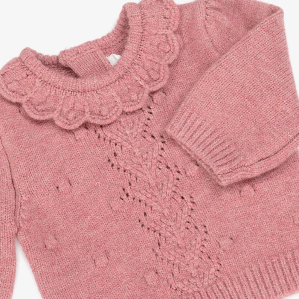 Mayoral Для новорожденных-Свитер розовый вязаный с волнистым воротником для малышек | Childrensalon