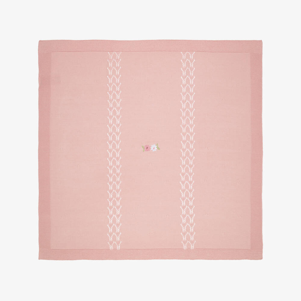 Mayoral Newborn-Baby Girls Pink Knitted Blanket with Floral Motif (90cm) | Childrensalon