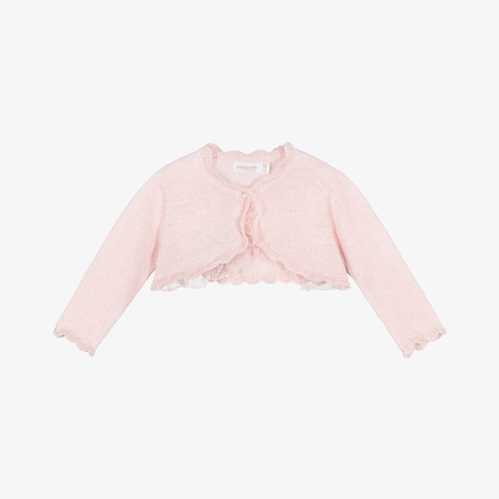 Mayoral Для новорожденных-Baby Girls Pink Knitted Bolero Cardigan with Lace Trim | Childrensalon