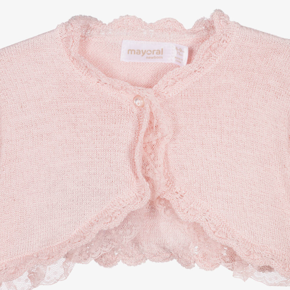 Mayoral Для новорожденных-Baby Girls Pink Knitted Bolero Cardigan with Lace Trim | Childrensalon