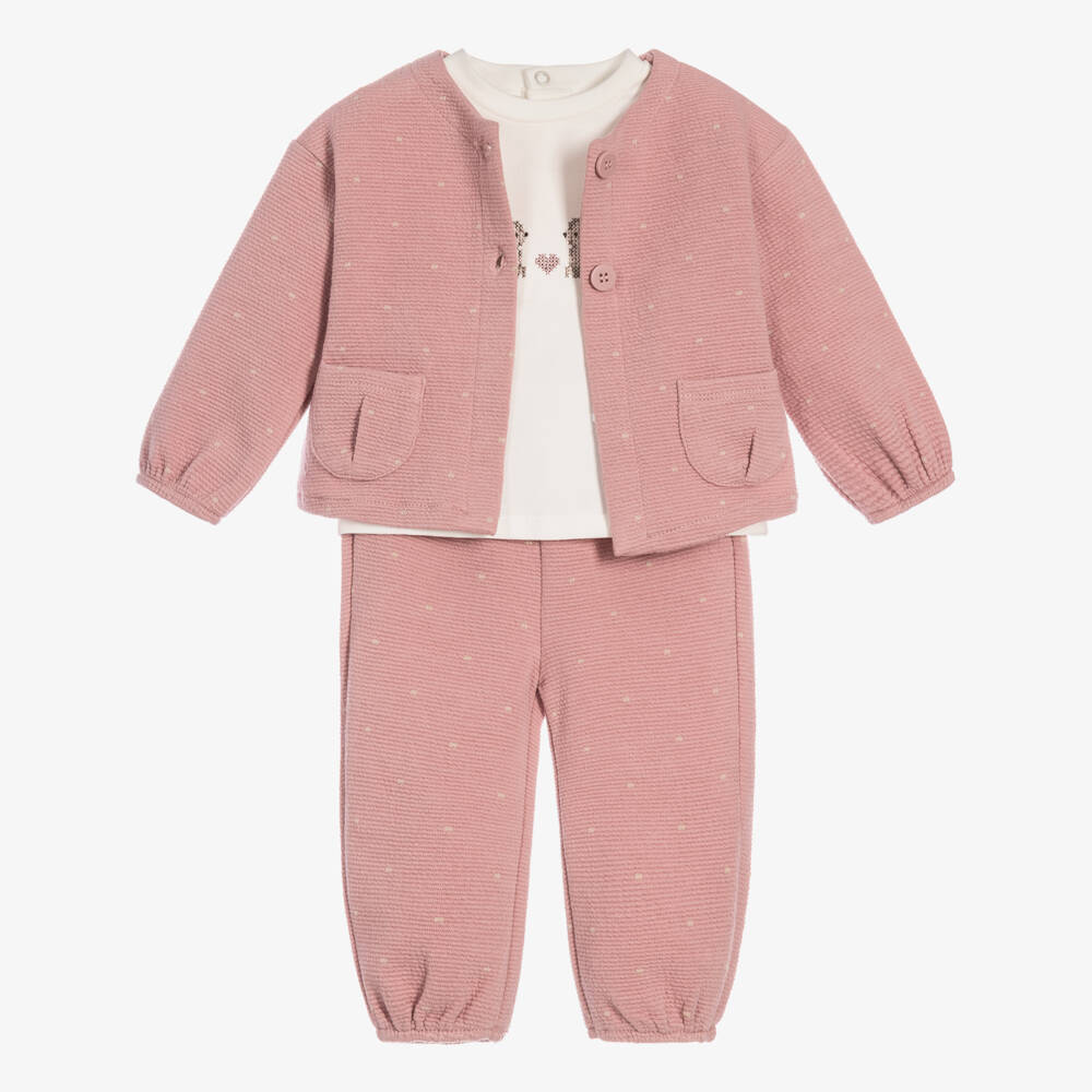 Mayoral Для новорожденных-Baby Girls Pink Polka Dot Jersey Trouser Set | Childrensalon