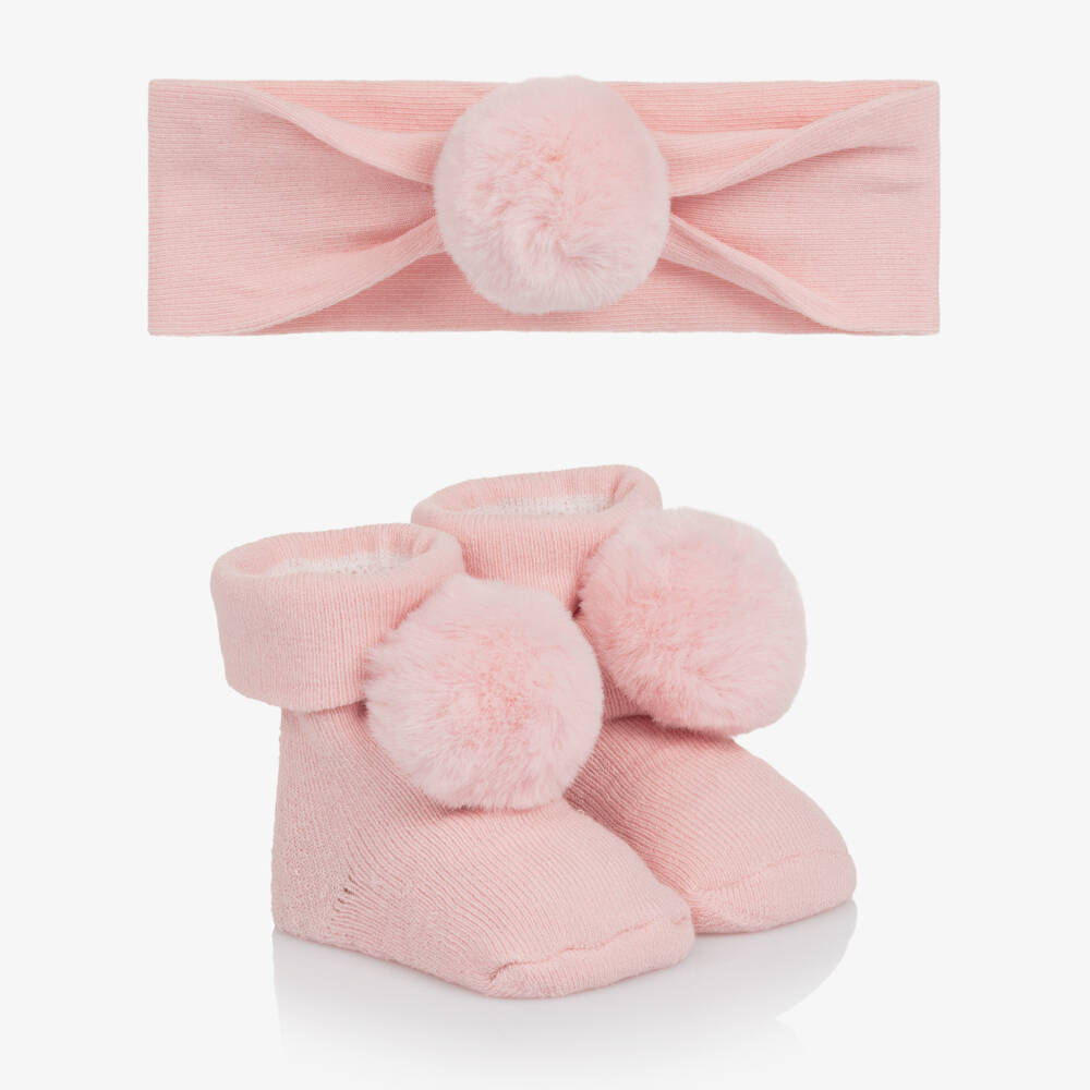 Mayoral Newborn-Baby Girls Pink Pom Pom Headband & Booties Set | Childrensalon