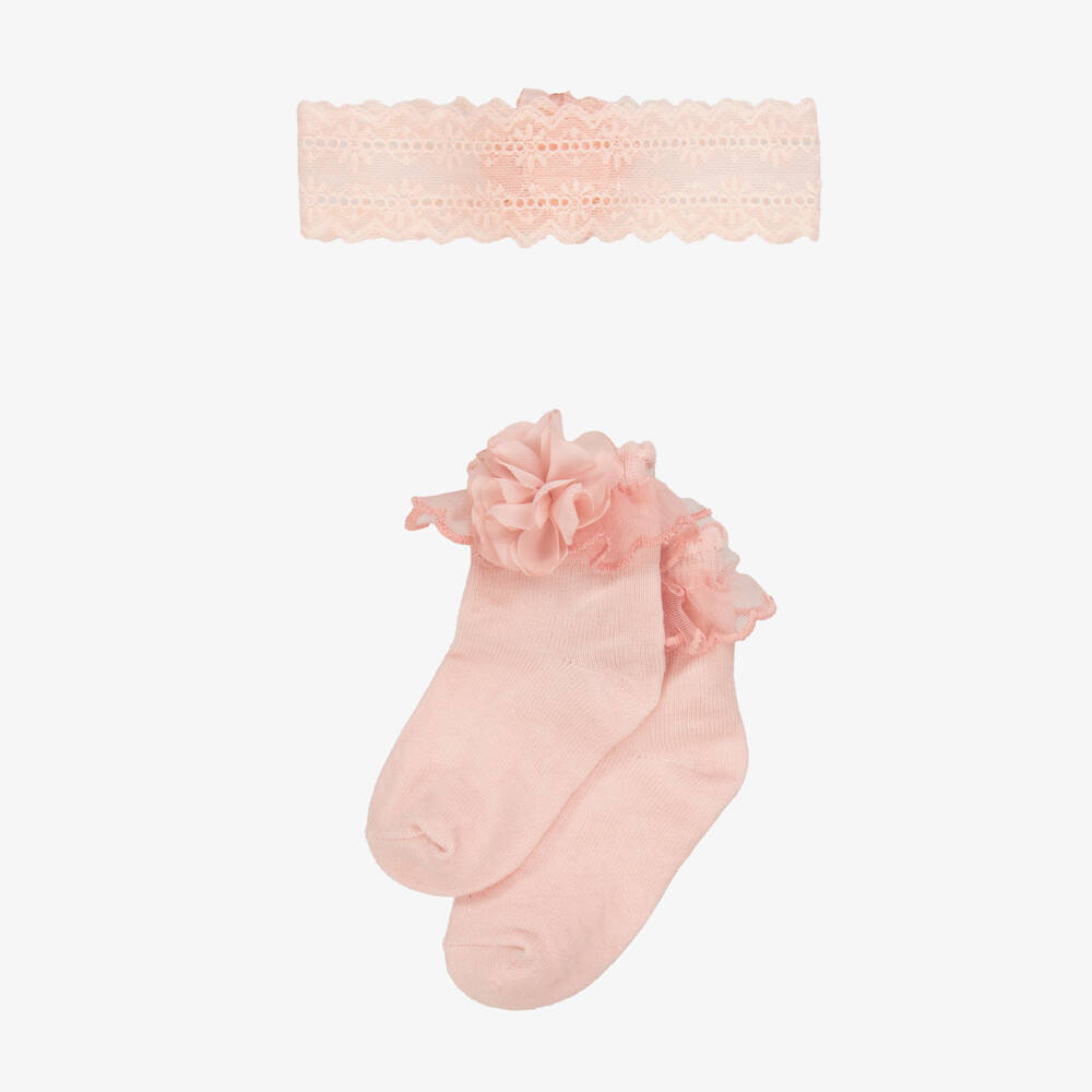 Mayoral Newborn-Baby Girls Pink Socks & Lace Headband Set | Childrensalon