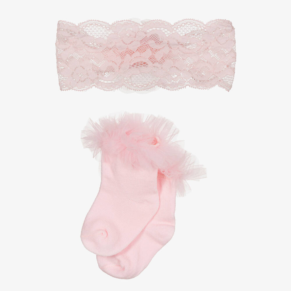 Mayoral Newborn-Baby Girls Pink Socks & Lace Headband Set | Childrensalon