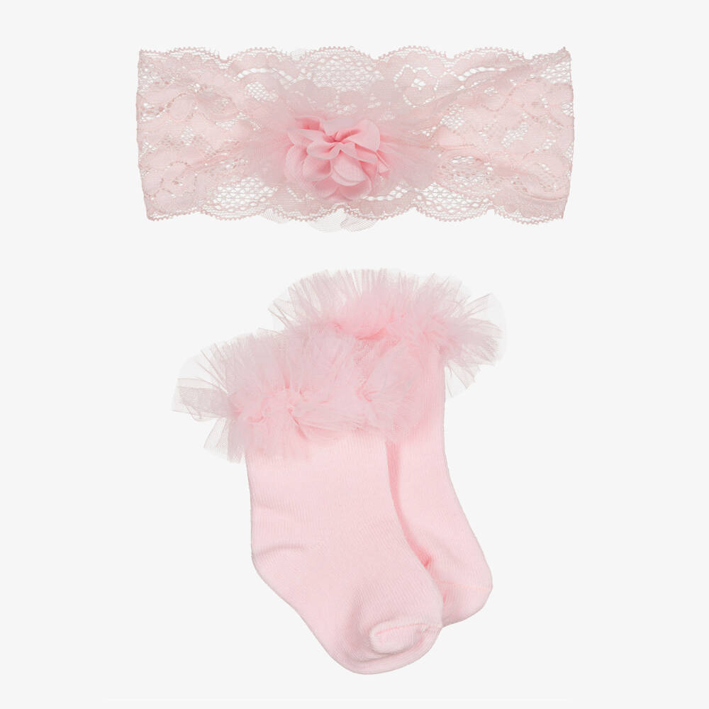 Mayoral Newborn-Baby Girls Pink Socks & Lace Headband Set | Childrensalon