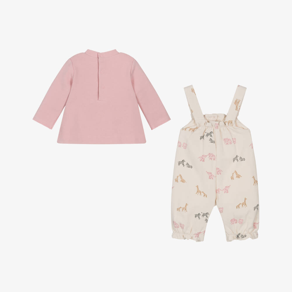 Mayoral Для новорожденных-Baby Girls Pink Top & Beige Dungaree Set | Childrensalon