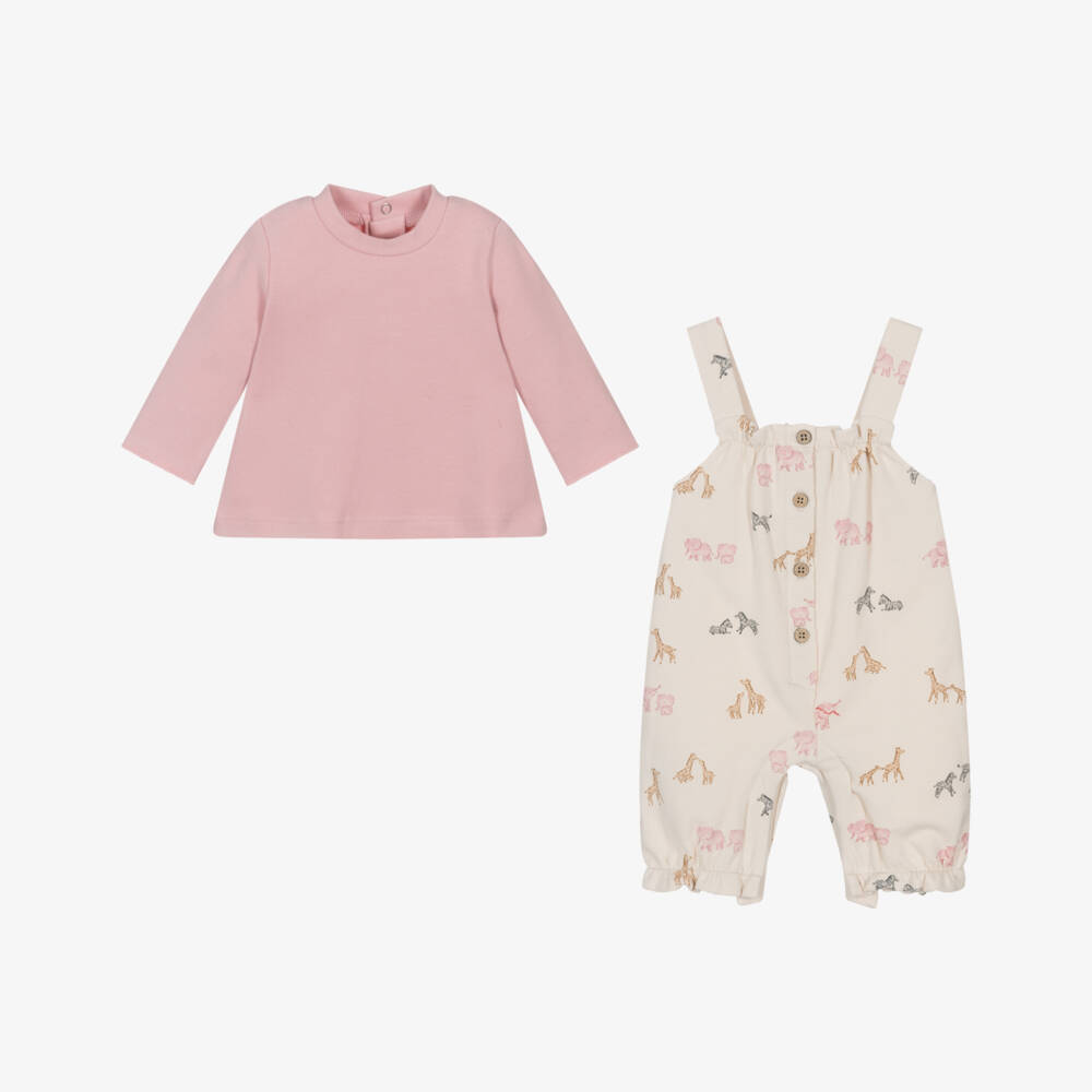 Mayoral Для новорожденных-Baby Girls Pink Top & Beige Dungaree Set | Childrensalon