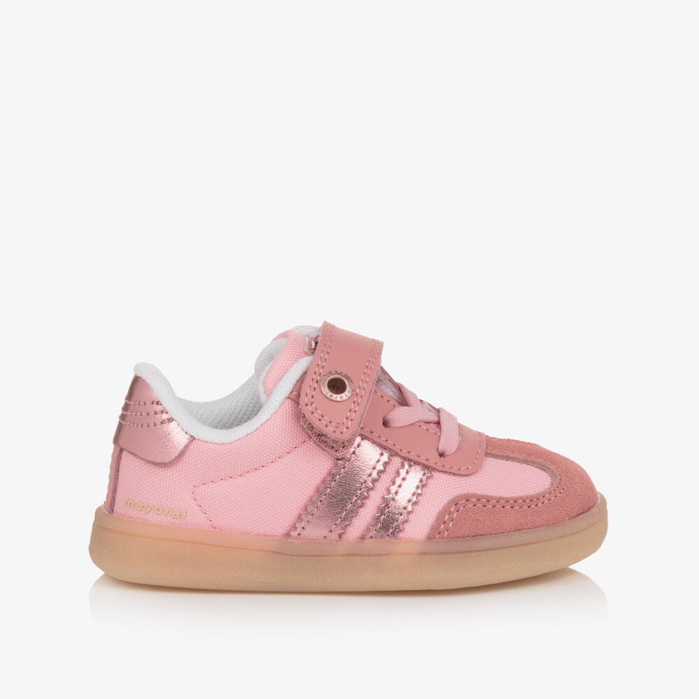 Mayoral-Baby Girls Pink Trainers with Suede Leather Trims | Childrensalon
