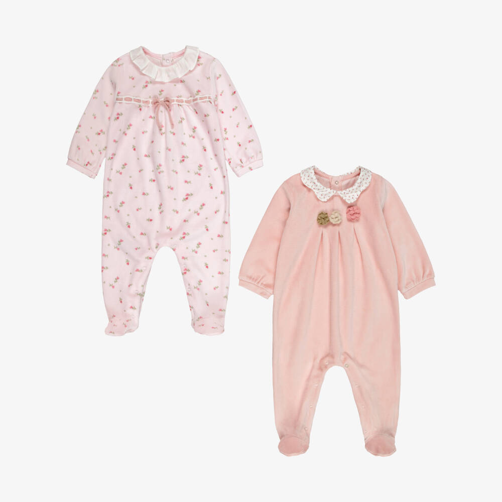 Mayoral Newborn-Baby Girls Pink Velour Babygrows (2 Pack) | Childrensalon