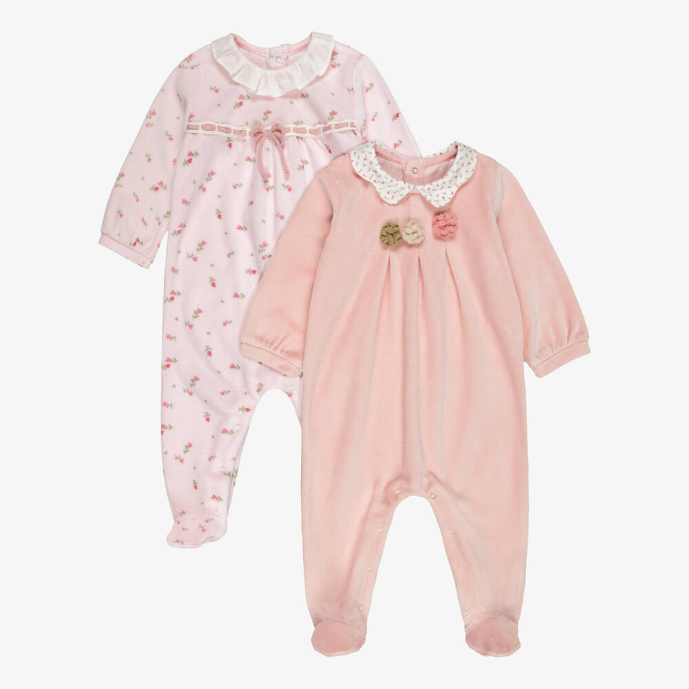 Mayoral Newborn-Baby Girls Pink Velour Babygrows (2 Pack) | Childrensalon