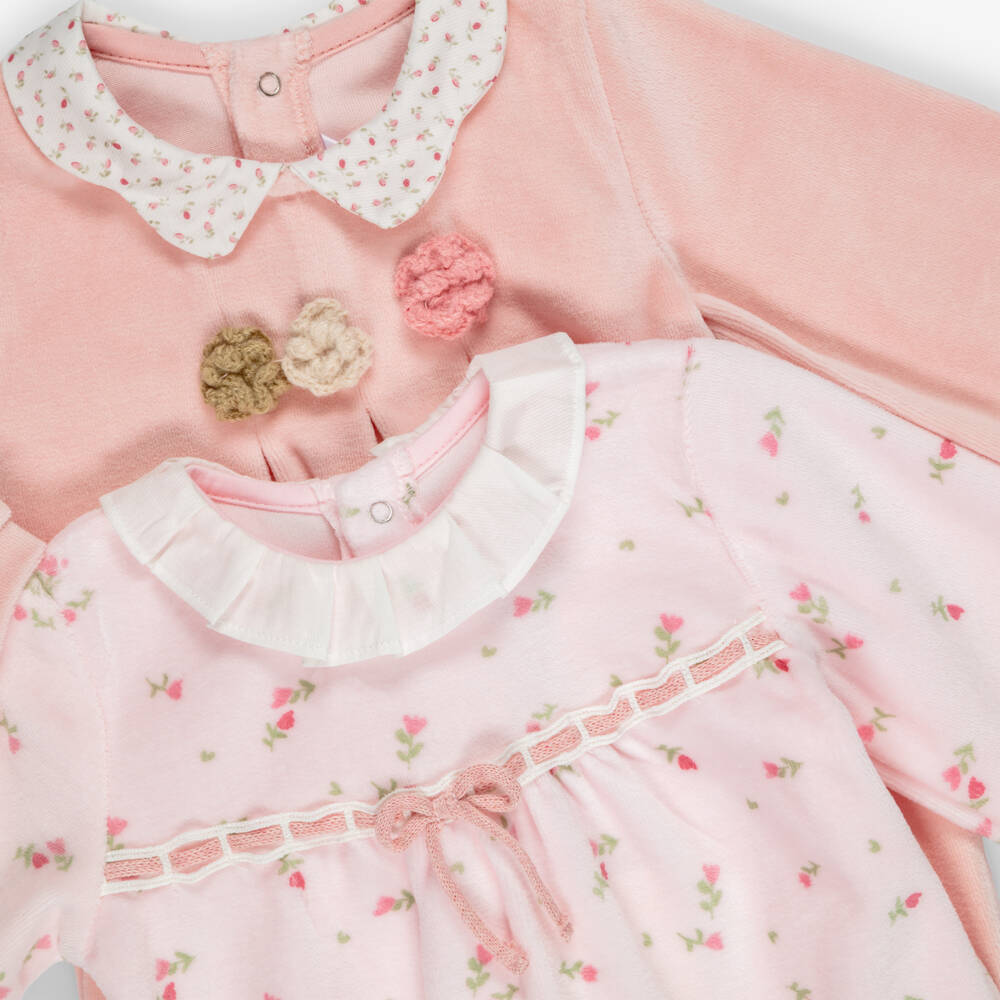Mayoral Newborn-Baby Girls Pink Velour Babygrows (2 Pack) | Childrensalon