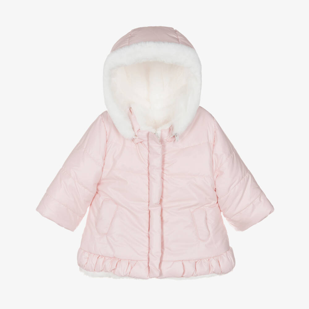 Mayoral Newborn-Baby Girls Pink & White Plush Reversible Coat | Childrensalon