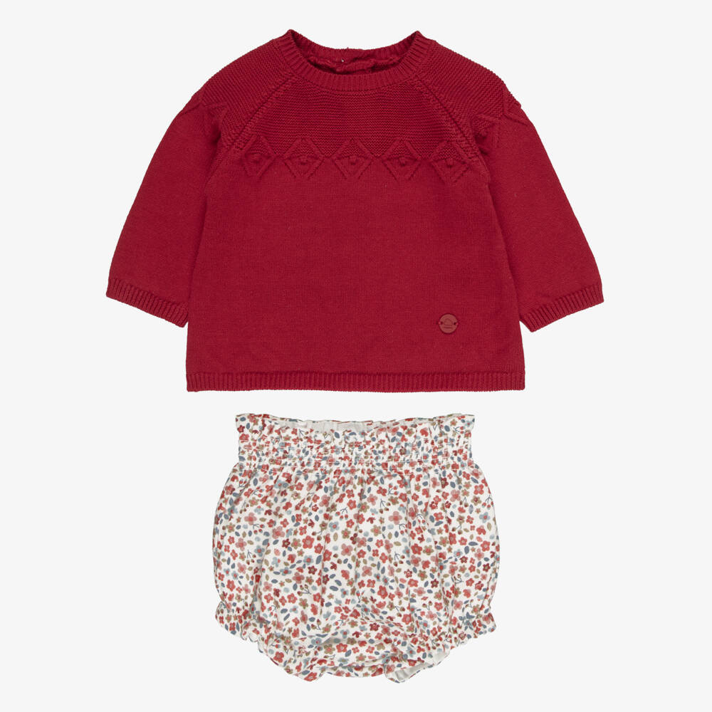 Mayoral Newborn-Baby Girls Red Floral Cotton Shorts Set | Childrensalon