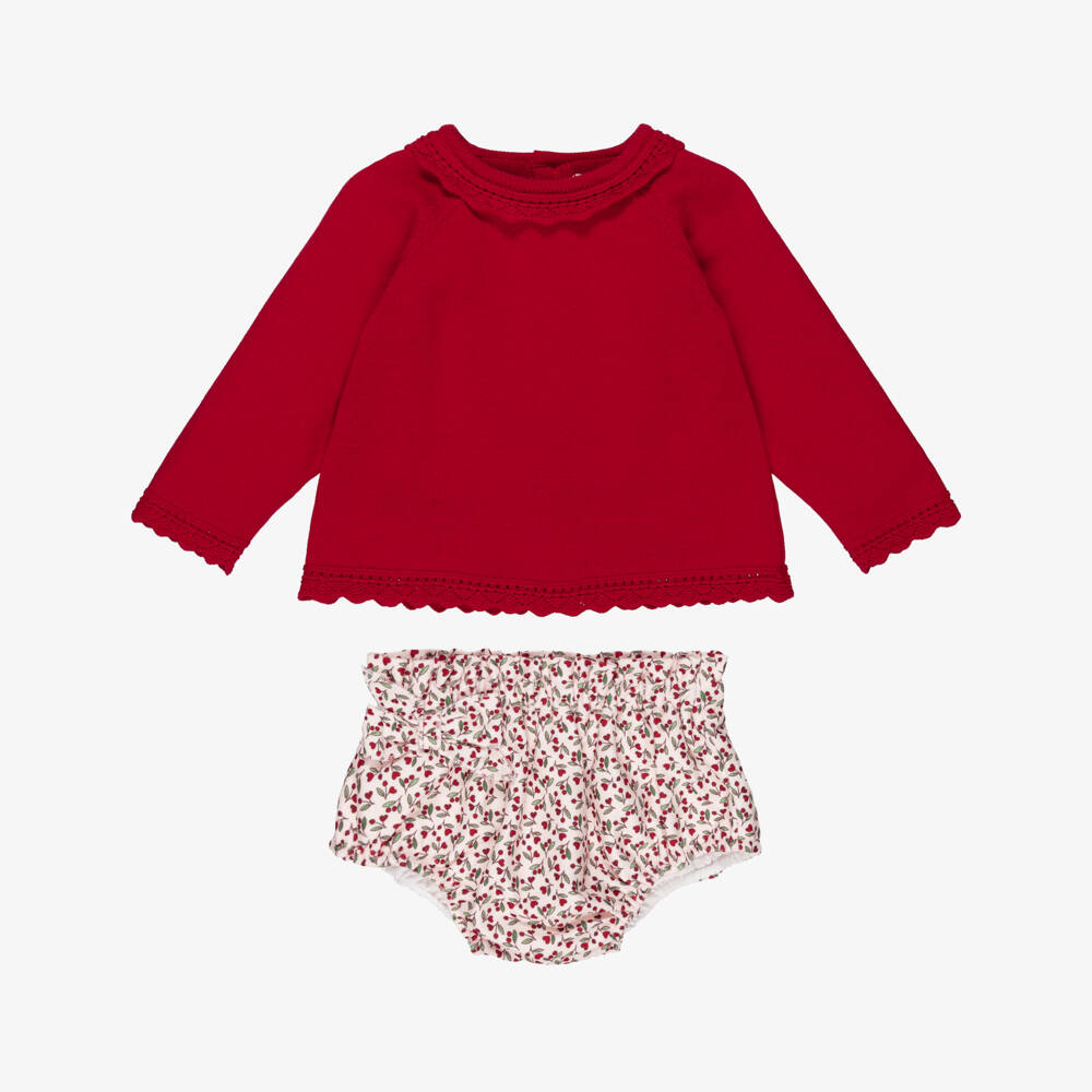 Mayoral Newborn-Baby Girls Red & Ivory Shorts Set with Cherry Print | Childrensalon