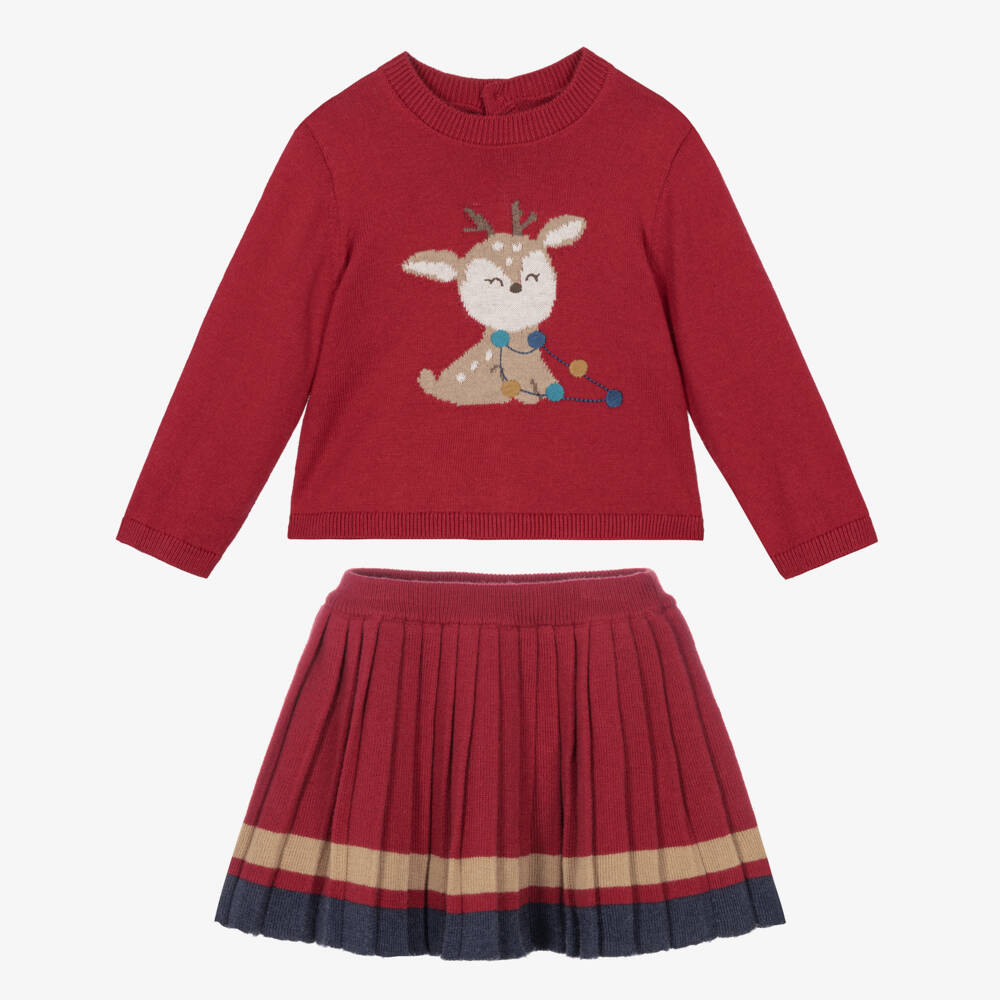 Mayoral Newborn-Baby Girls Red Knitted Skirt Set with Reindeer Motif | Childrensalon