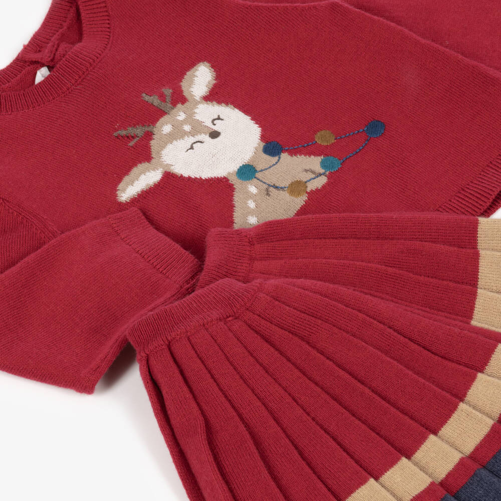 Mayoral Newborn-Baby Girls Red Knitted Skirt Set with Reindeer Motif | Childrensalon