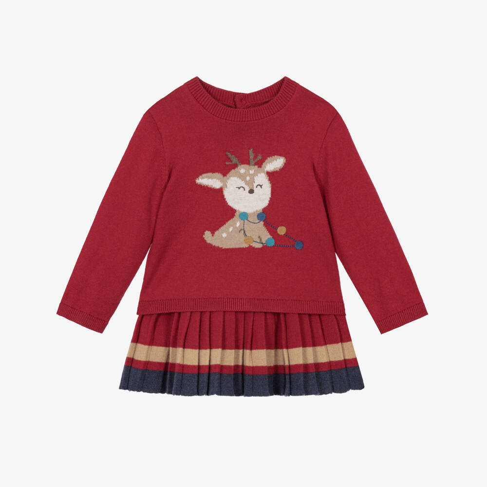 Mayoral Newborn-Baby Girls Red Knitted Skirt Set with Reindeer Motif | Childrensalon