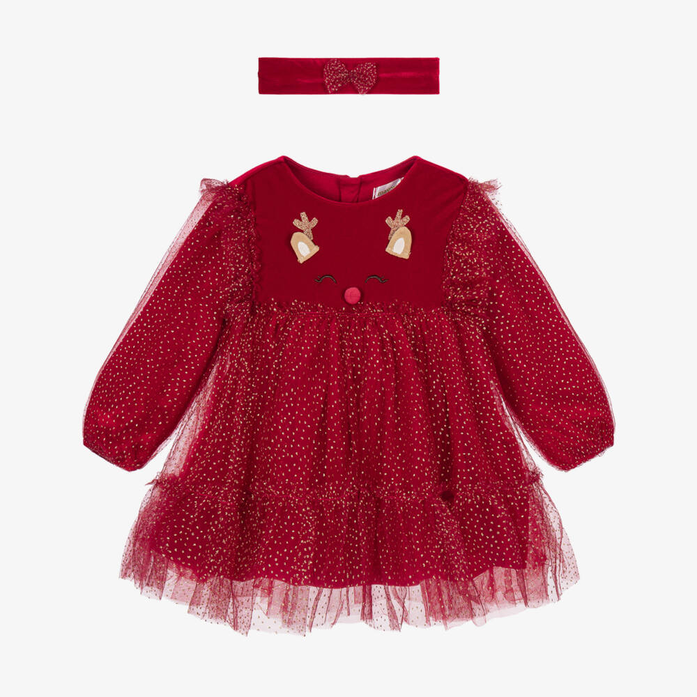 Mayoral Newborn-Baby Girls Red Reindeer Velour Dress Set | Childrensalon