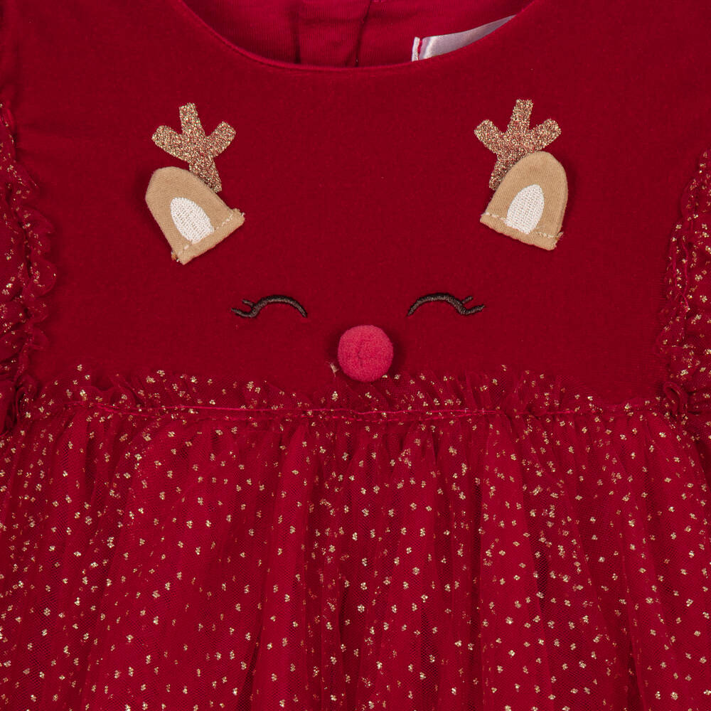 Mayoral Newborn-Baby Girls Red Reindeer Velour Dress Set | Childrensalon