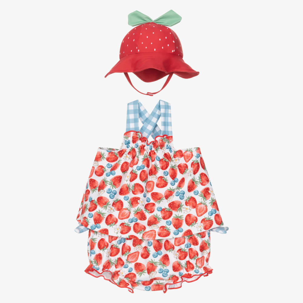 Mayoral Newborn-طقم شورت شاطئ بطبعة فراولة لون أحمر للبنات الرضع (+UPF40) | Childrensalon