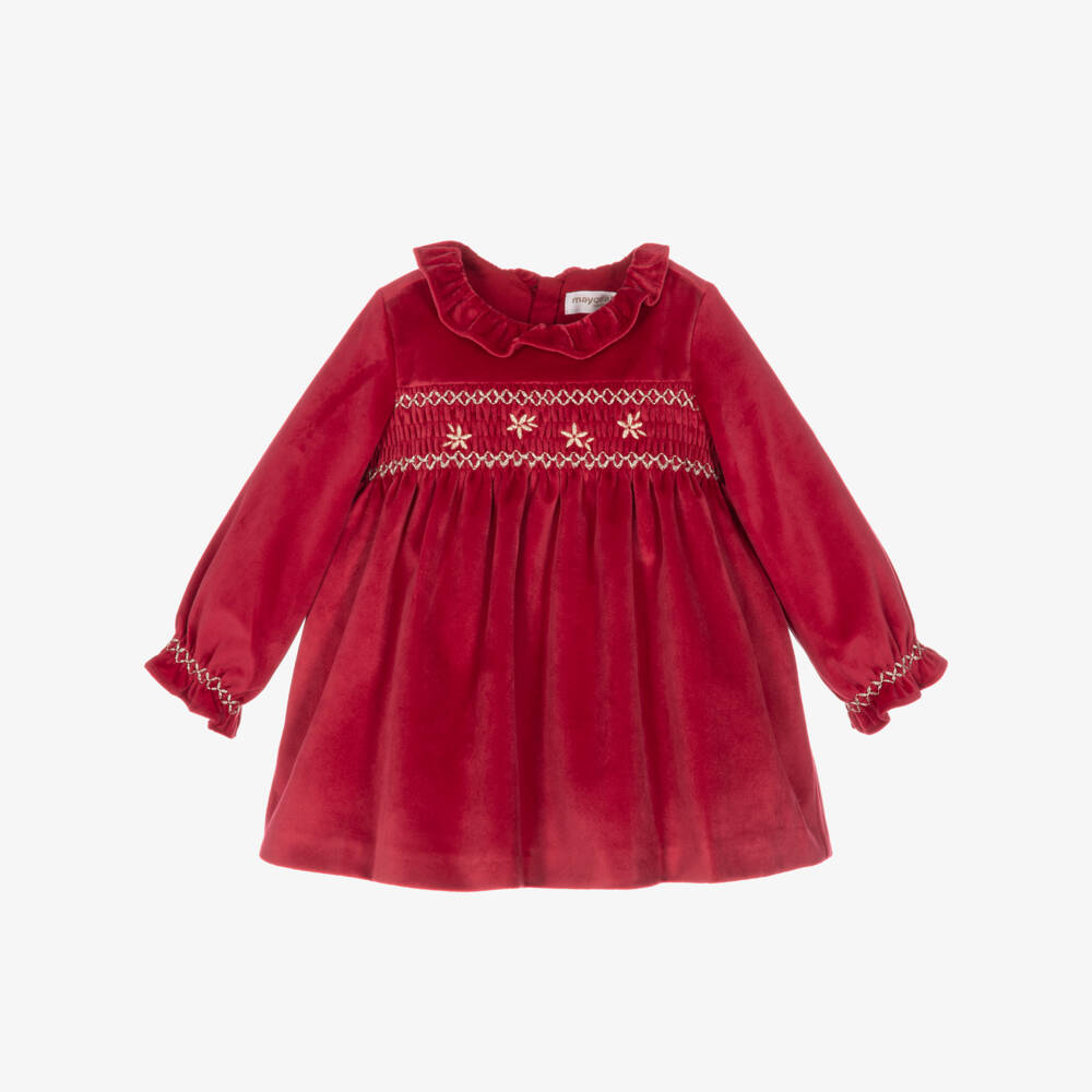 Mayoral Newborn-Baby Girls Red Velvet Dress with Gold Embroidery | Childrensalon