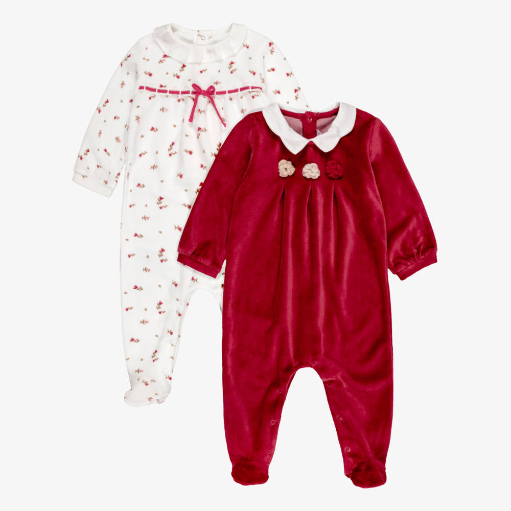 Mayoral Newborn-Baby Girls Red & White Velour Babygrows (2 Pack) | Childrensalon