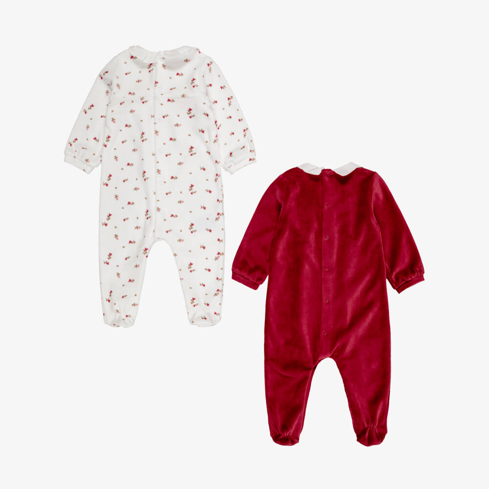 Mayoral Newborn-Baby Girls Red & White Velour Babygrows (2 Pack) | Childrensalon