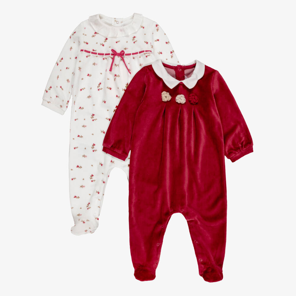 Mayoral Newborn-Baby Girls Red & White Velour Babygrows (2 Pack) | Childrensalon