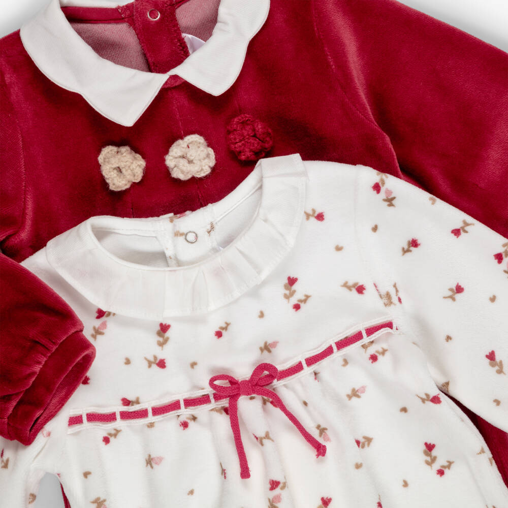 Mayoral Newborn-Baby Girls Red & White Velour Babygrows (2 Pack) | Childrensalon