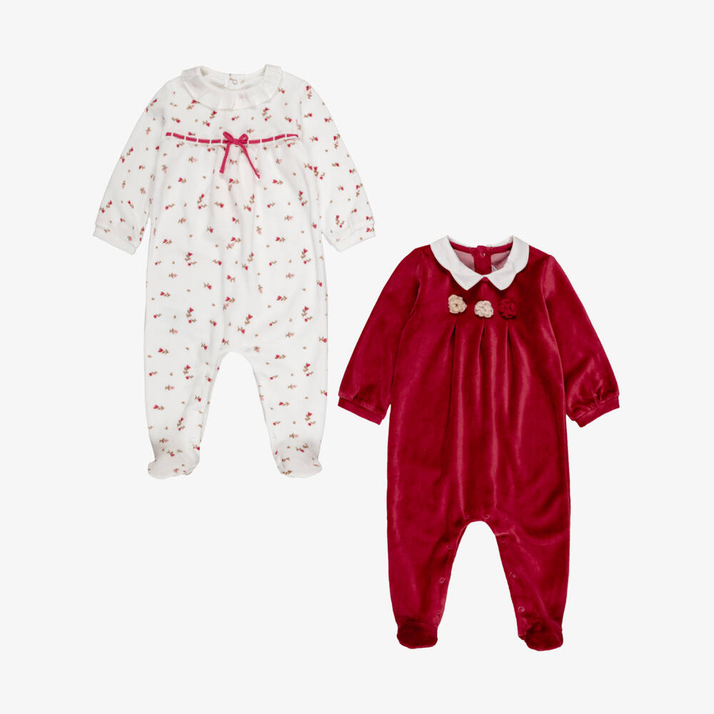 Mayoral Newborn-Baby Girls Red & White Velour Babygrows (2 Pack) | Childrensalon