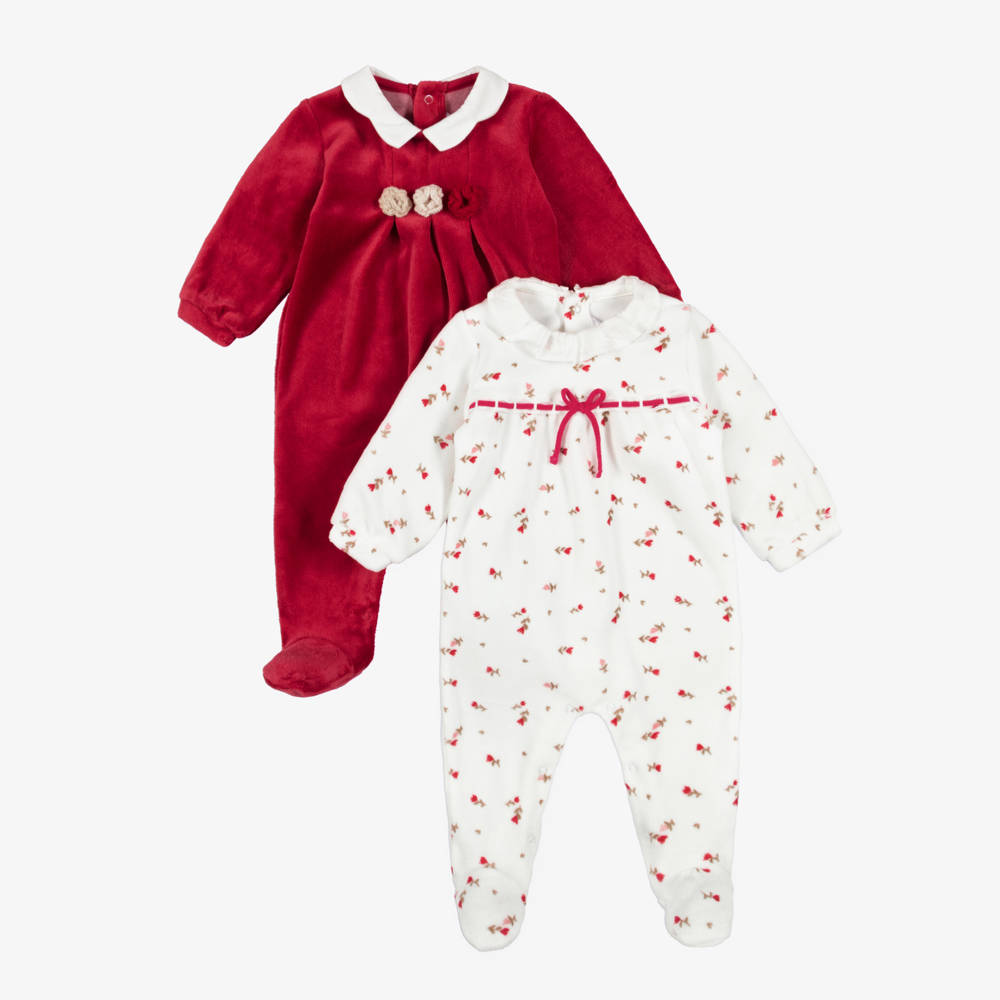 Mayoral Newborn-Baby Girls Red & White Velour Babygrows (2 Pack) | Childrensalon