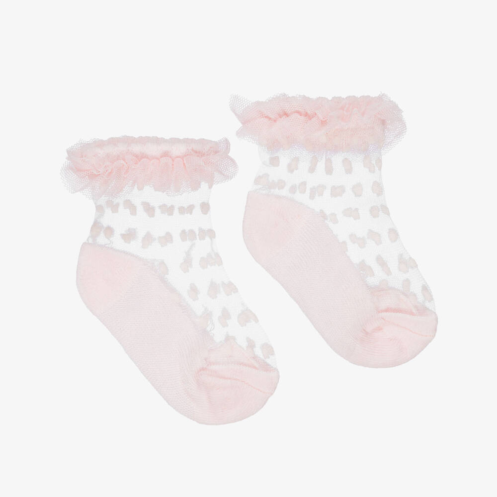 Mayoral Newborn-Baby Girls Sheer Frilly Socks with Flocked Dot Pattern | Childrensalon