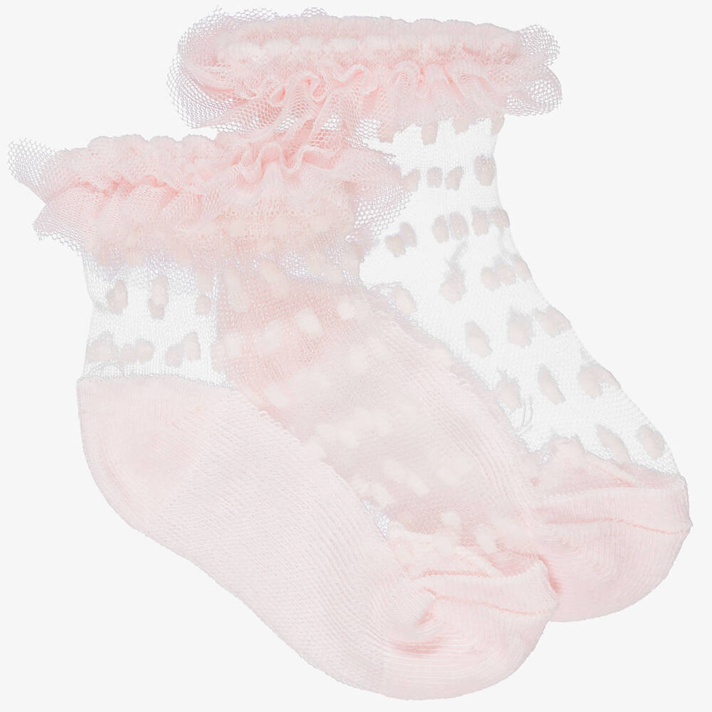 Mayoral Newborn-Baby Girls Sheer Frilly Socks with Flocked Dot Pattern | Childrensalon
