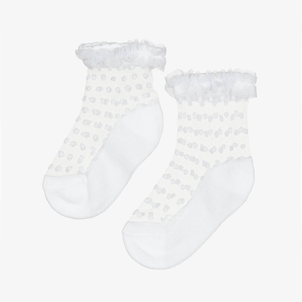 Mayoral Newborn-Baby Girls Sheer Pink Frilly Socks with Flocked Dot Pattern | Childrensalon